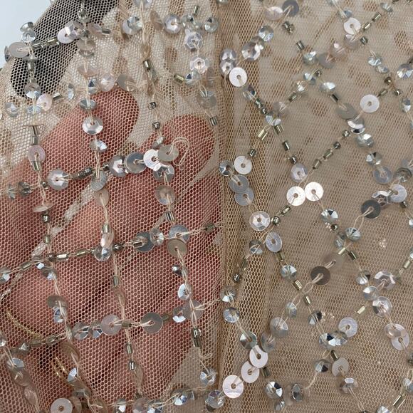 Adrianna Papell Gown Beaded Mesh Diamond Pattern Short Sleeve Champagne 6 Petite - Picture 7 of 16